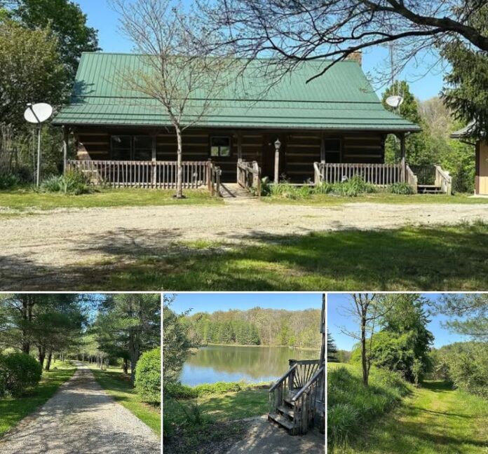42.41 Acres of Privacy! Beautiful Indiana Log Cabin With a Pond, Wraparound Porch, Barn and Workshop